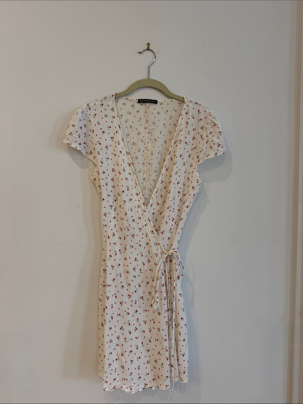 Brandy Melville Cream Mini Wrap Dress with Red Floral Ditsy Print
